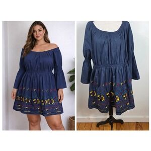 Angela Plus Dress Women 3XL Navy Blue Embroidered Off Shoulder Boho Mini Peasant